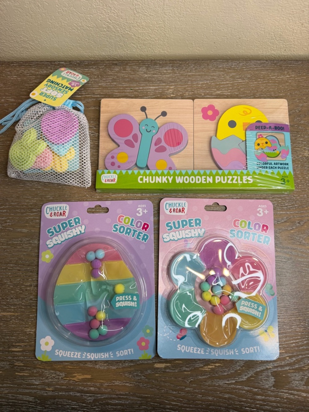 chuckle and roar easter squishy color sort set of 2, puzzles and sensory toy new
